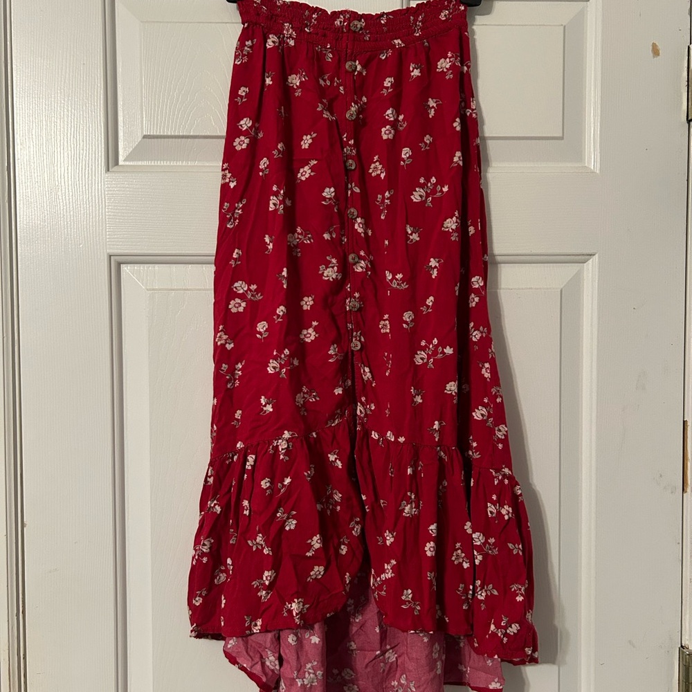 Hollister Red Midi A-line Skirt with Ruffled High-Low Hem